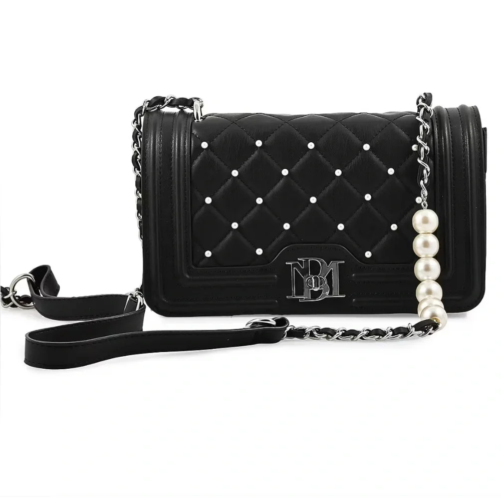 Badgley Mischka diamond quilted cross body with pearls black